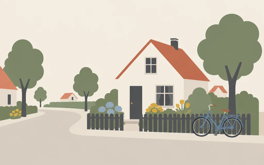 Een klein huis met een tuin aan een rustige straat in een dorp.