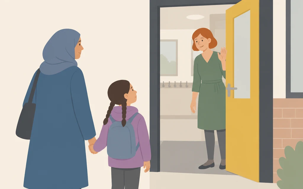 Een meisje staat met haar moeder bij de ingang van een school; een juf staat in de deuropening.