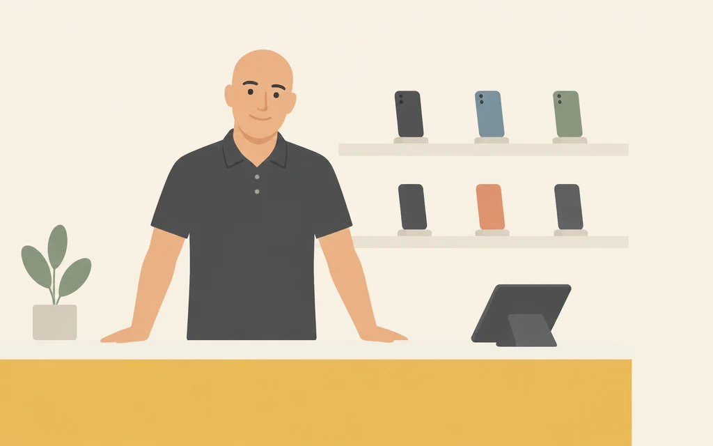 Een medewerker staat achter de balie van een telefoonwinkel.