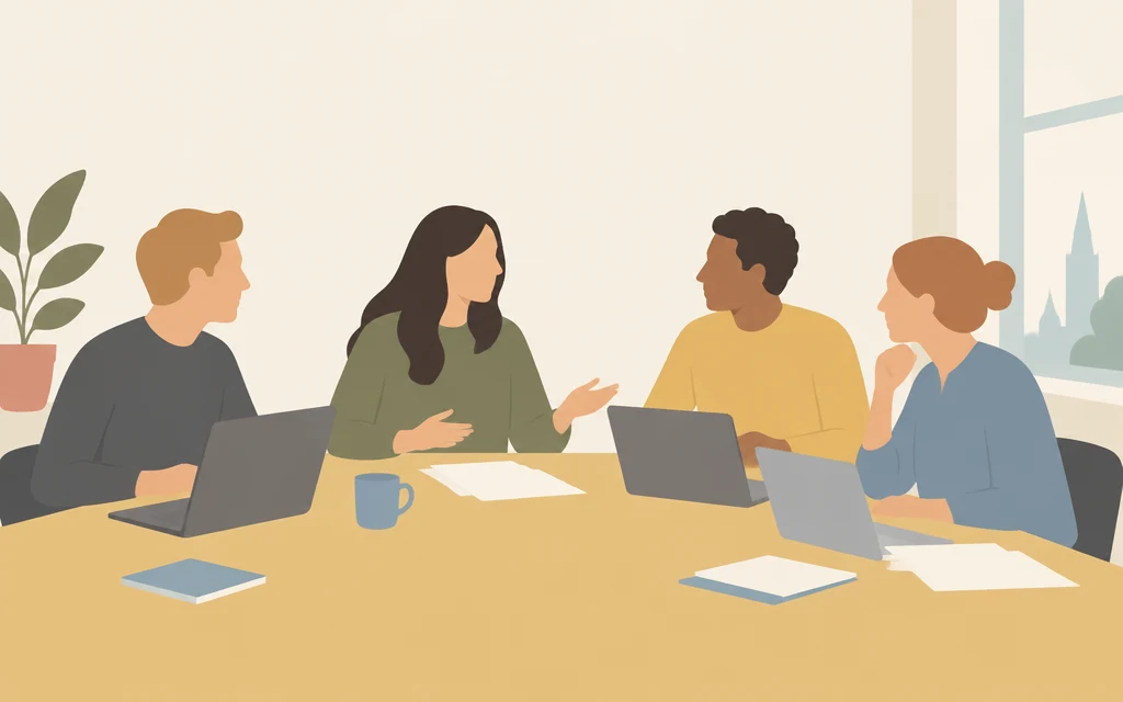 Een vrouw werkt met drie collega's aan een grote tafel.