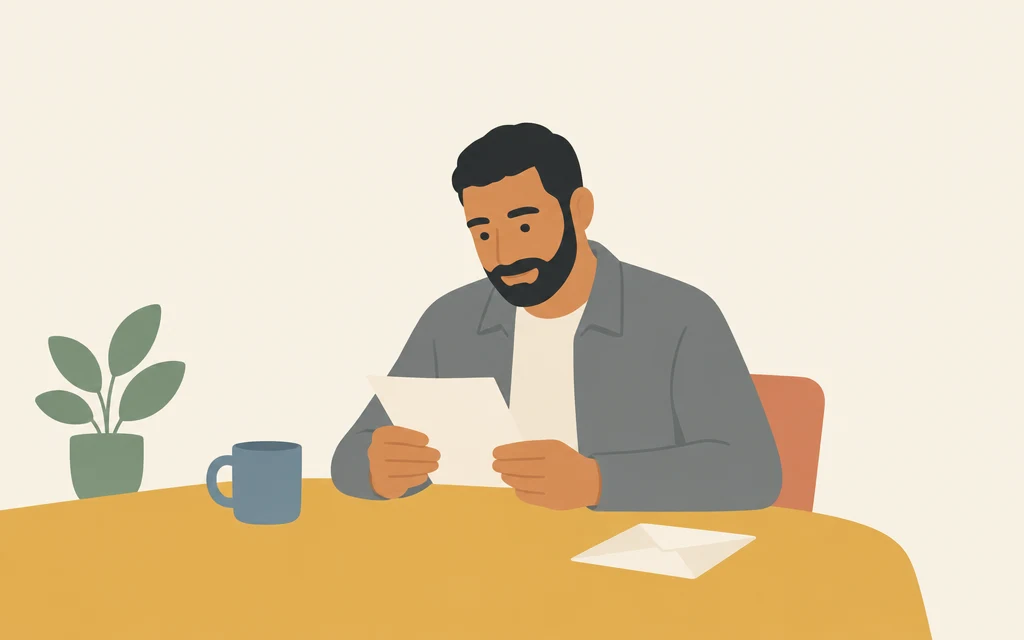Karim leest een brief aan de keukentafel.