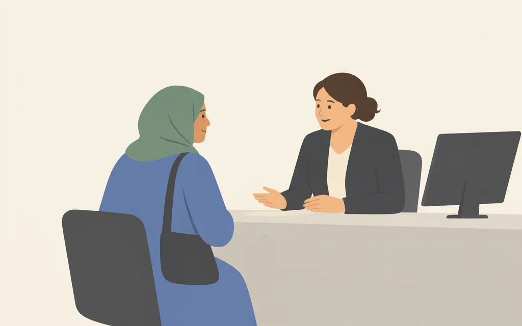Fatima zit aan een balie van de gemeente en praat met een medewerker.