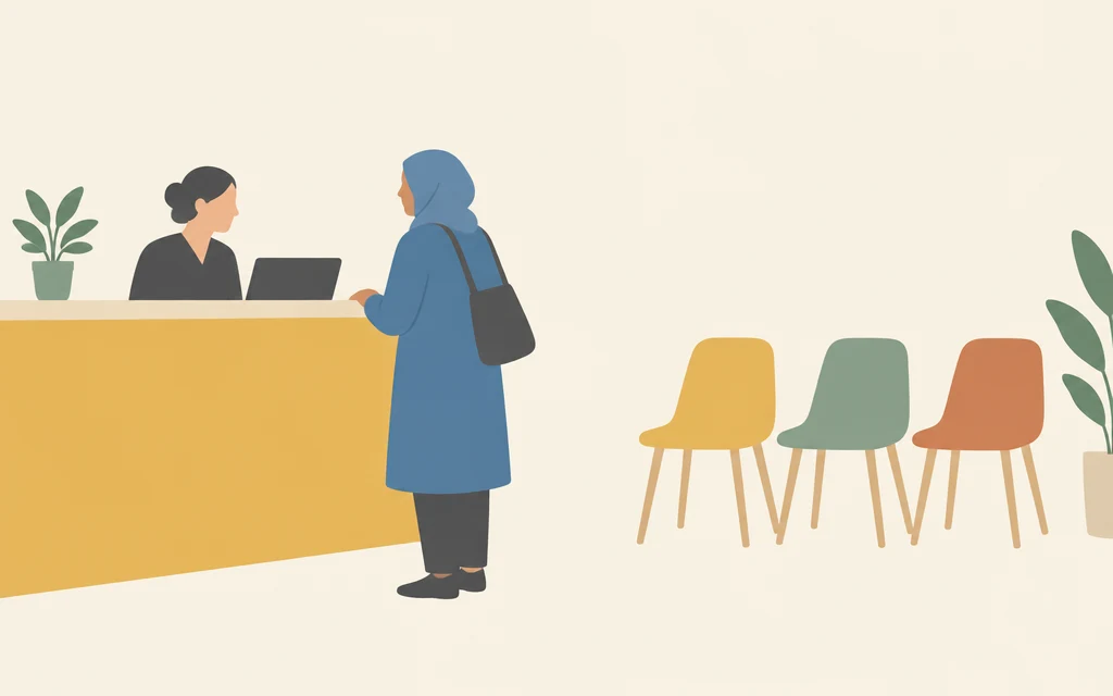 Fatima staat bij de balie van een huisartsenpraktijk.