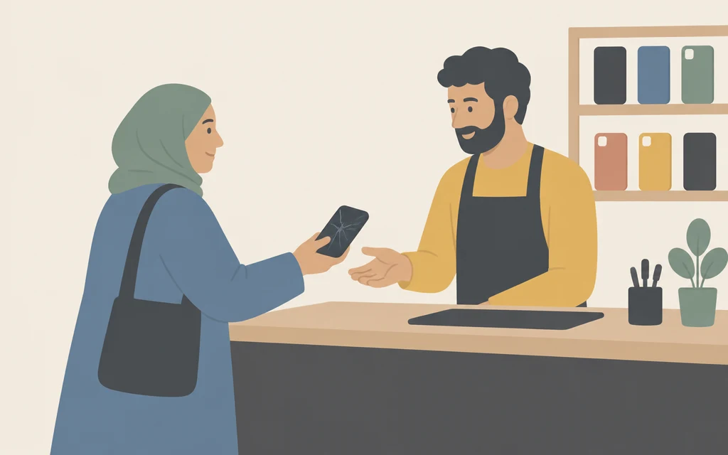 Fatima geeft haar telefoon met een kapot scherm aan de medewerker van een telefoonwinkel.