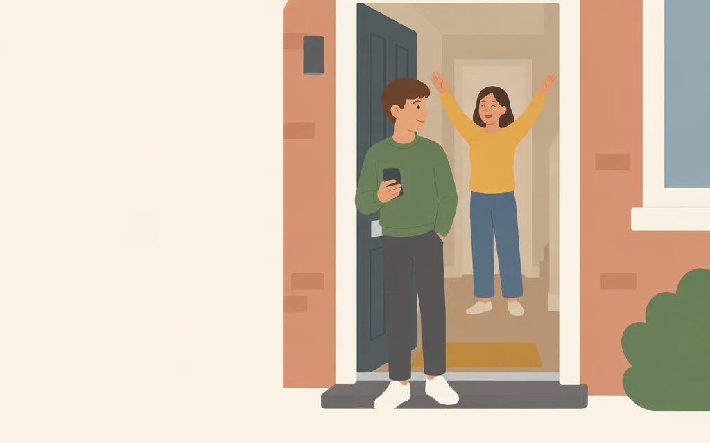 Sem staat met een telefoon in zijn hand in de deuropening van een huis; achter hem staat een blije vrouw.
