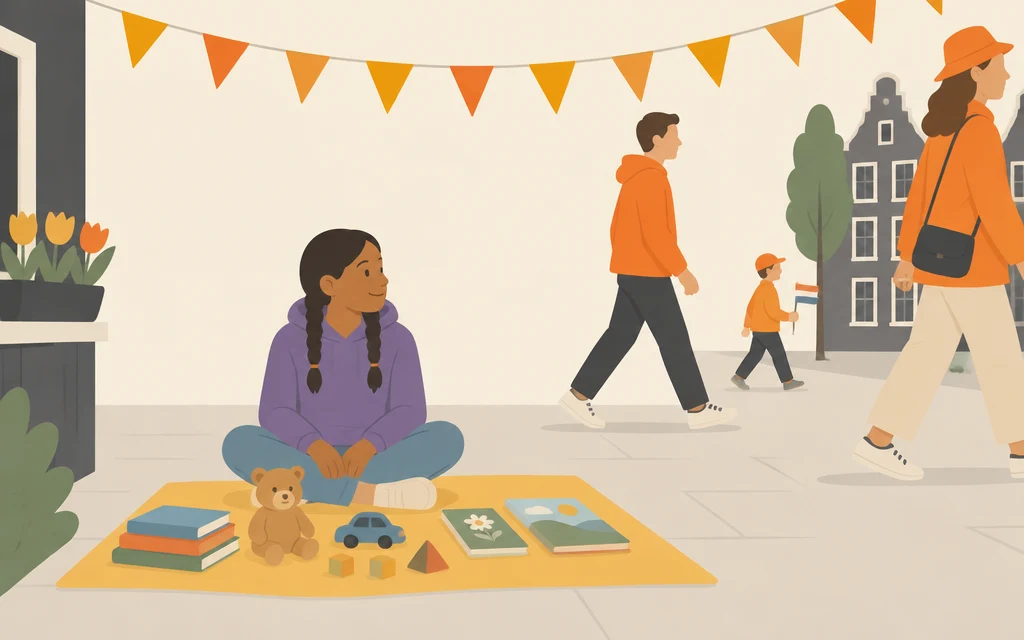 Amina zit op een kleedje op de stoep met speelgoed; mensen in oranje kleding lopen voorbij.