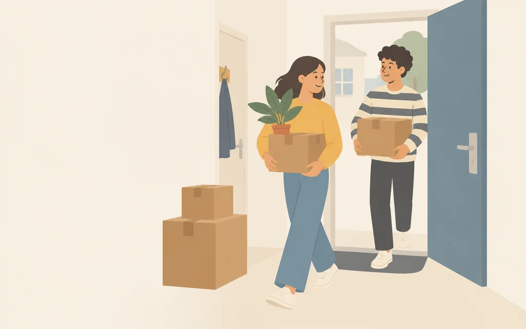 Julio en een jonge vrouw dragen een doos en een plant een woning binnen.
