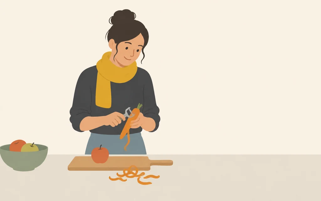 Roos staat in de keuken bij een snijplank met schillen van groente en fruit.