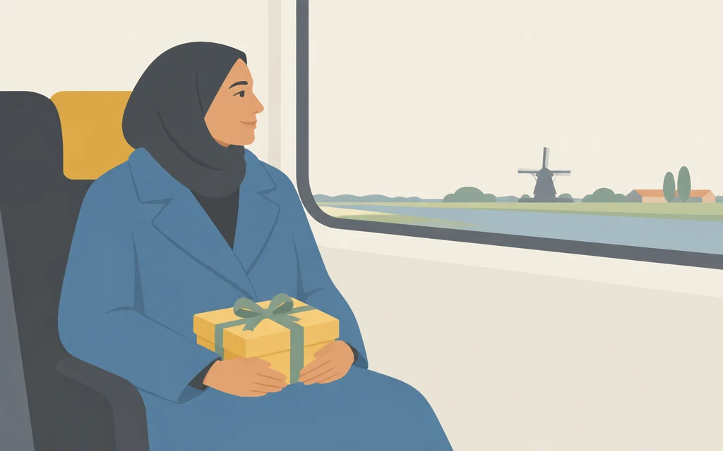 Een vrouw zit in de trein met een cadeau op schoot.