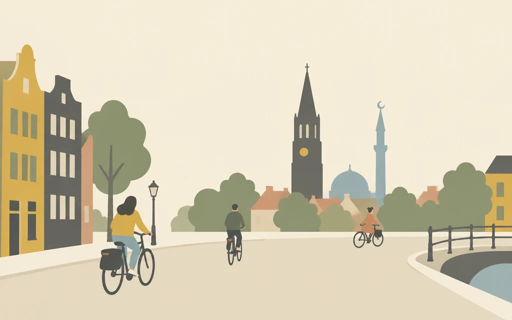 Een rustige straat met in de verte een kerktoren en een minaret.