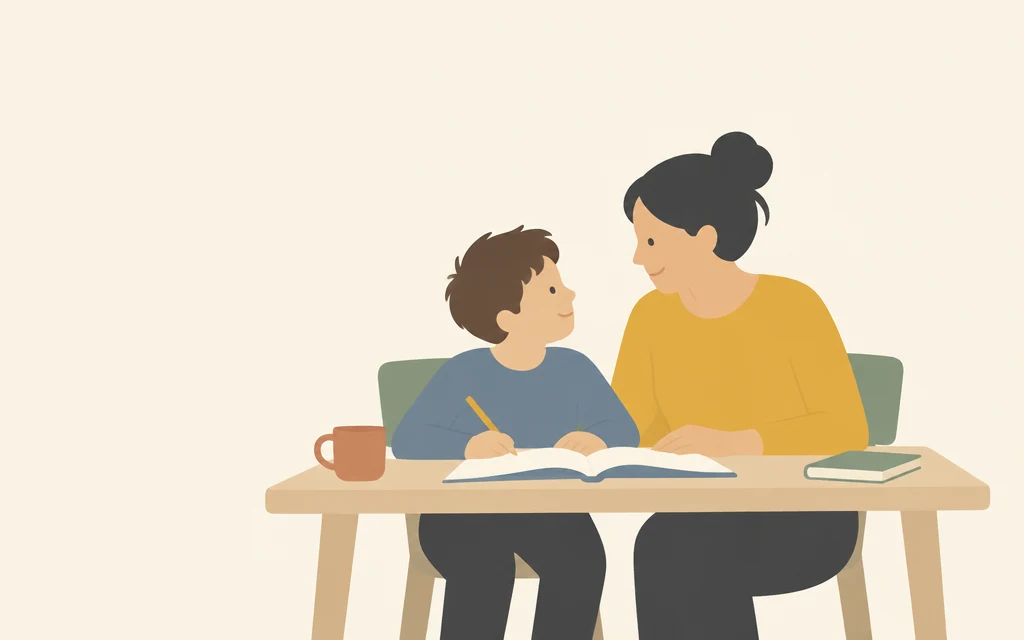 Een ouder en een kind zitten samen aan de keukentafel met een schoolboek.