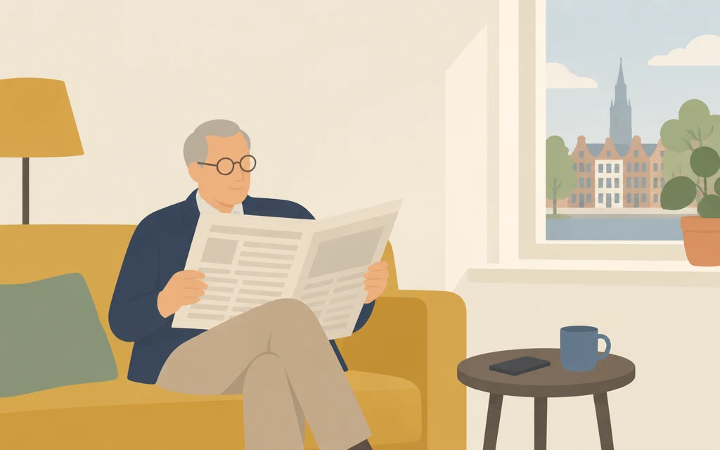Meneer De Vries zit thuis op de bank met een krant; naast hem ligt een telefoon.