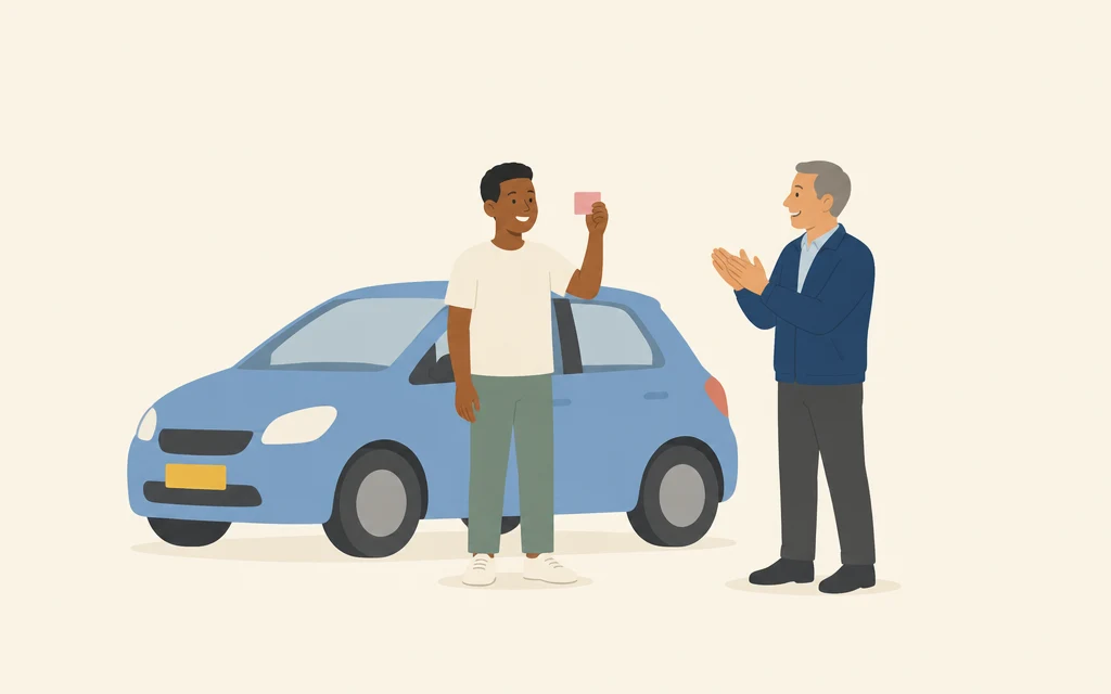 Een jonge man staat blij naast een auto met een klein kaartje in zijn hand.