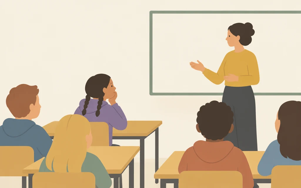 Amina zit in de klas en luistert naar de leraar.