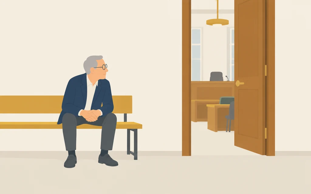 Meneer De Vries zit op een bank in de gang van een rechtbank.