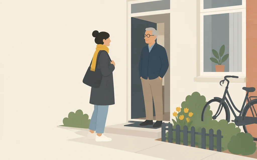Roos staat bij de voordeur en praat met haar buurman, meneer De Vries.