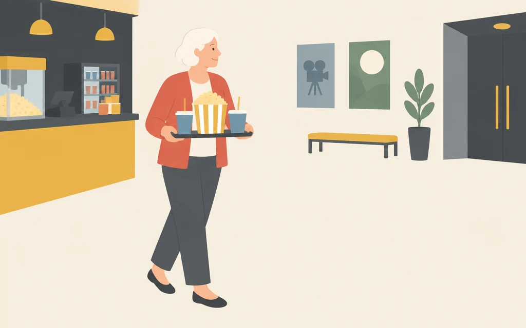 Een vrouw draagt popcorn en twee drankjes.