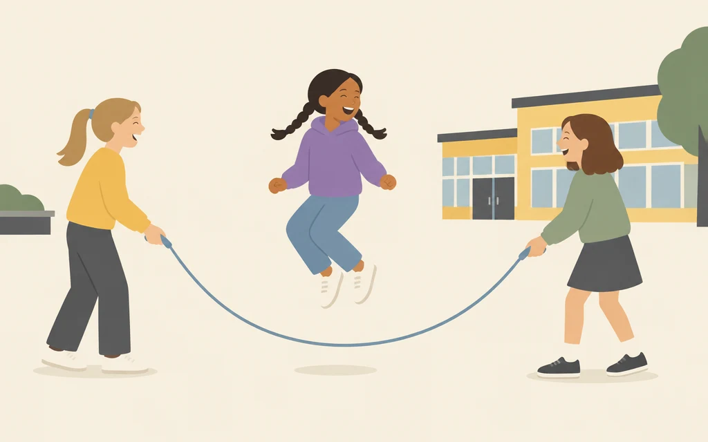 Een meisje springt touwtje op het schoolplein met twee andere kinderen.
