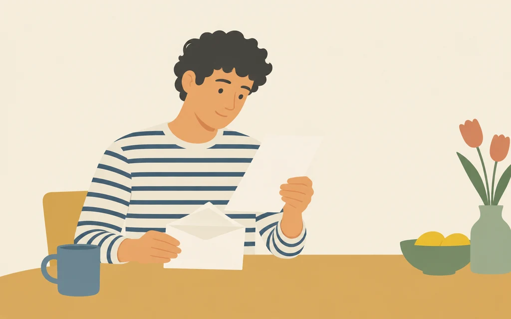 Een man leest thuis een brief aan tafel.