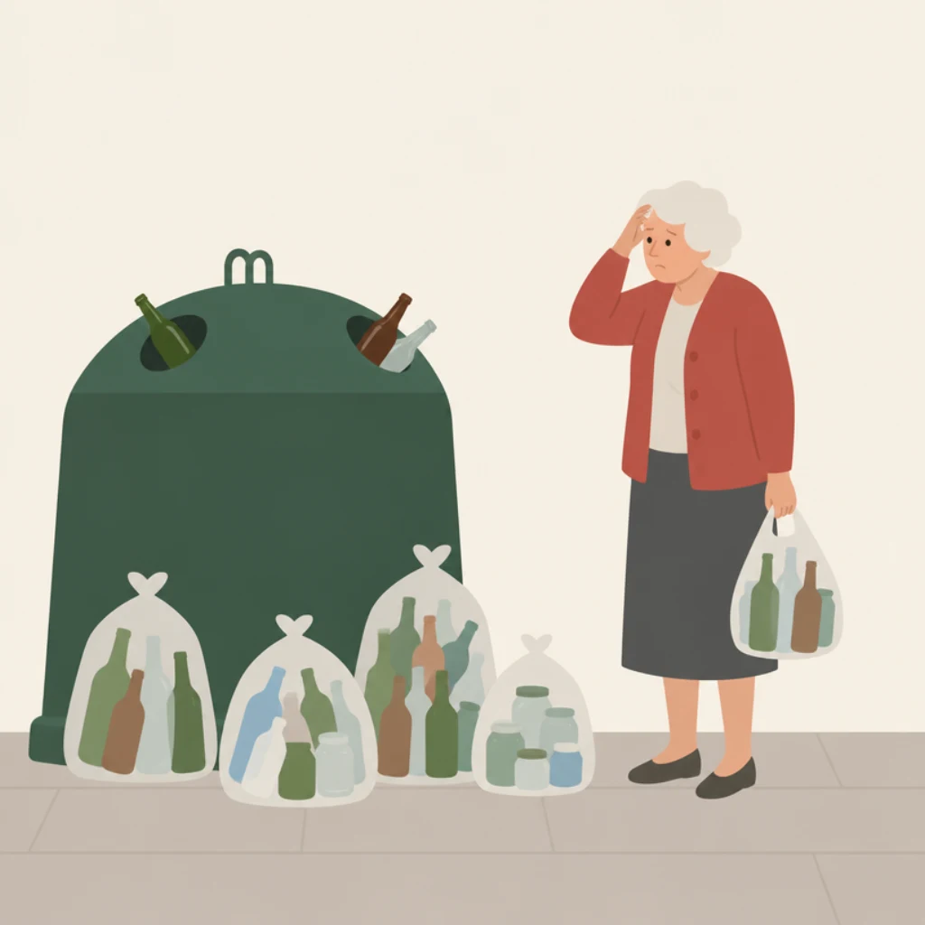 Een oudere vrouw met een tas flessen staat bij een volle glasbak; naast de bak staan tassen met flessen en potten.