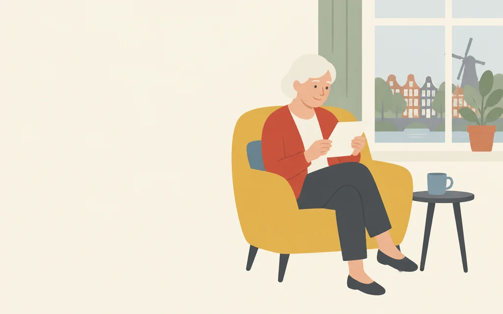 Mevrouw Bakker leest een brief in een stoel bij het raam.