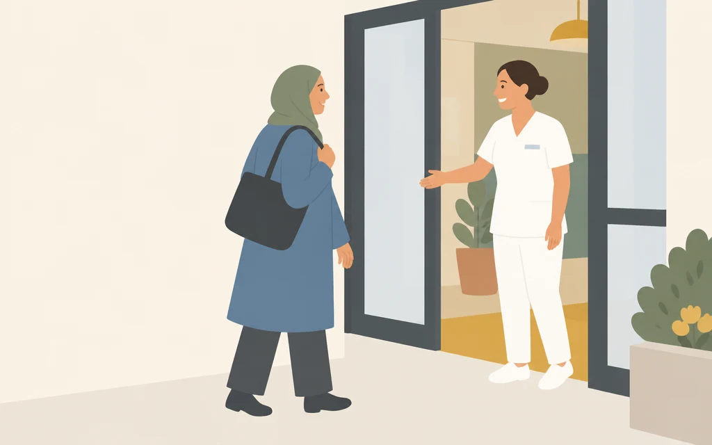Fatima komt aan bij de ingang van een zorginstelling en groet een collega.