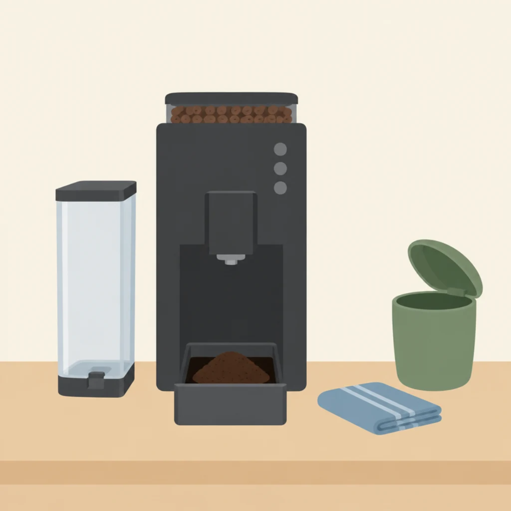 Een koffiemachine op een aanrecht; het bakje met koffiedik staat half open en het lege waterreservoir staat ernaast.