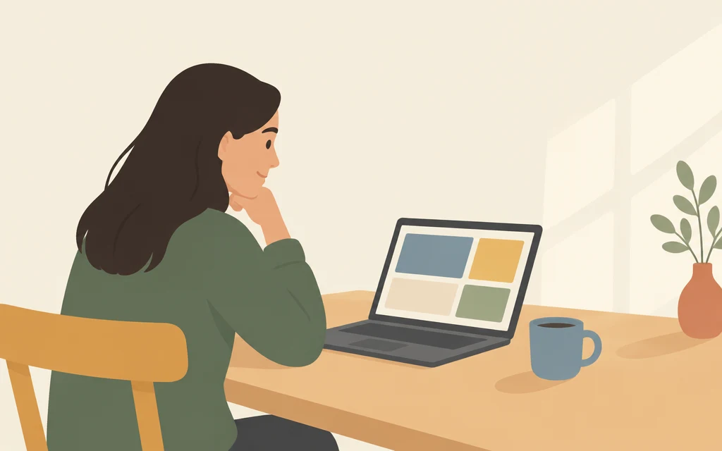 Sabrina zit aan de keukentafel achter een laptop.