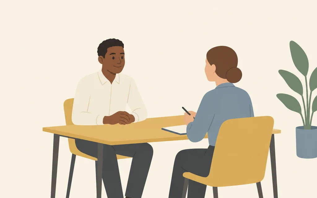 Modibo heeft een gesprek met een vrouw aan een bureau in een kantoor.