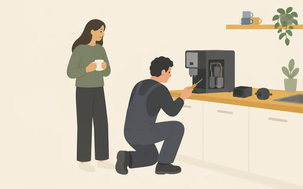 Een monteur repareert een koffieapparaat; een vrouw staat ernaast met een lege beker.