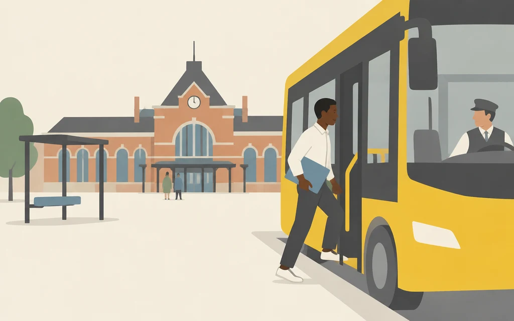 Een jonge man stapt bij een halte voor het station in een bus.