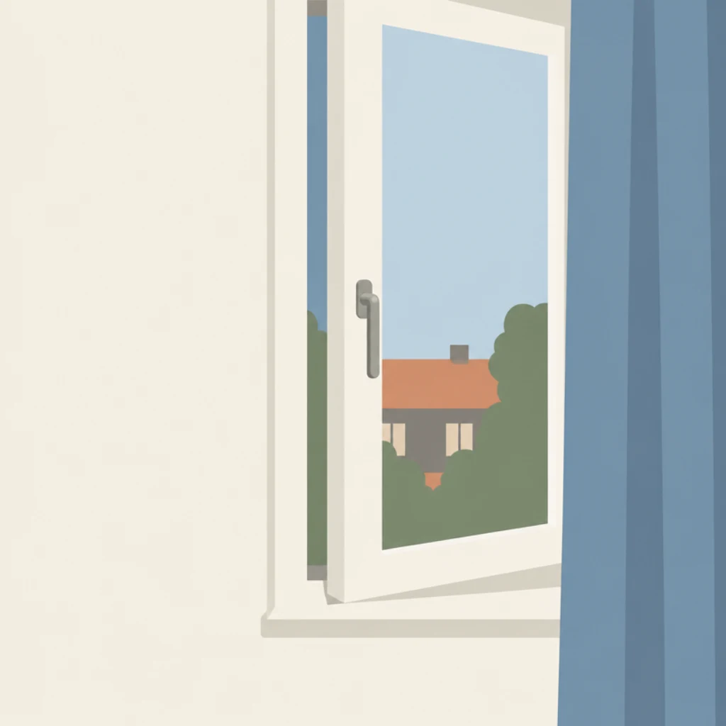 Een raam in een slaapkamer staat op een kier; de hendel hangt los naar beneden.