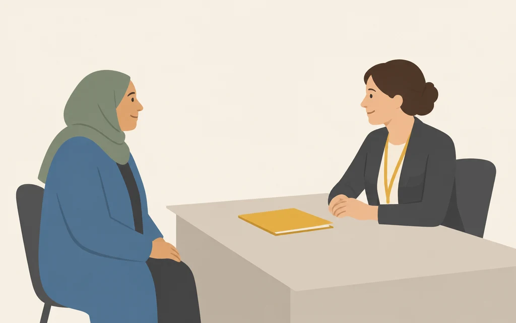 Fatima zit aan een balie tegenover een medewerker van de gemeente.