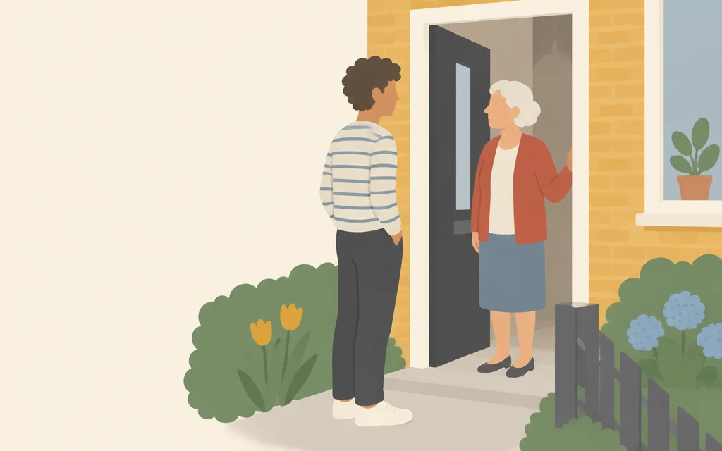 Julio staat bij de voordeur en praat met zijn buurvrouw, mevrouw Bakker.