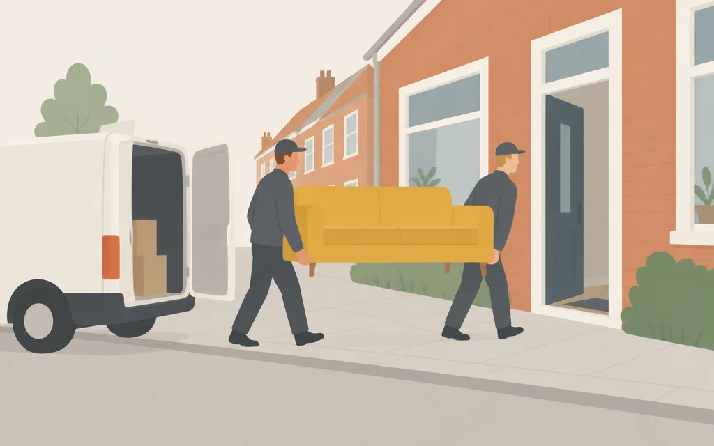 Twee bezorgers dragen een bank van een bestelbus naar een huis.