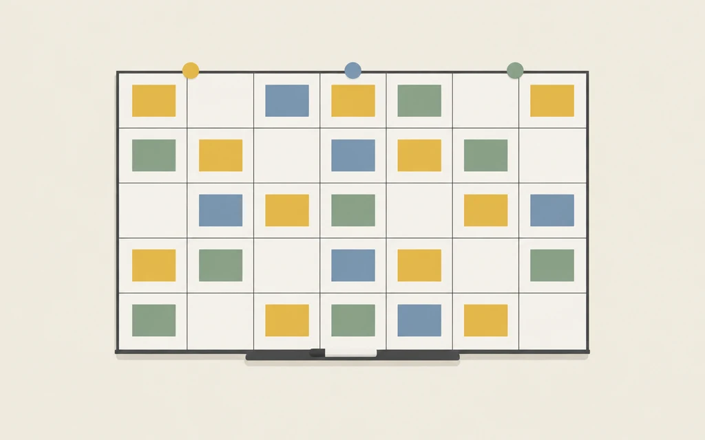 Een groot wit bord aan een muur met een tabel van kolommen en rijen; in de vakjes zitten gekleurde blokjes.