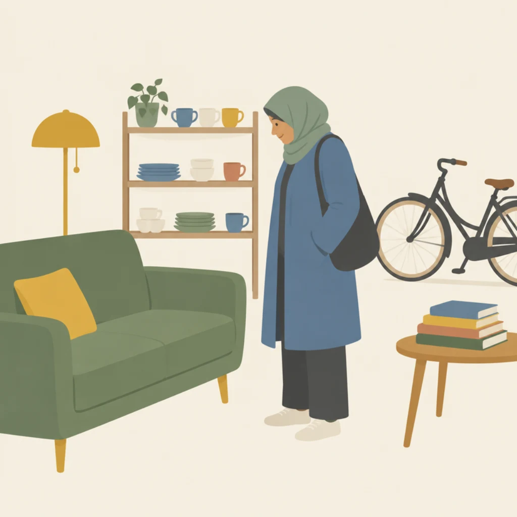 Een vrouw kijkt in een winkel naar een bank, een lamp en een fiets.