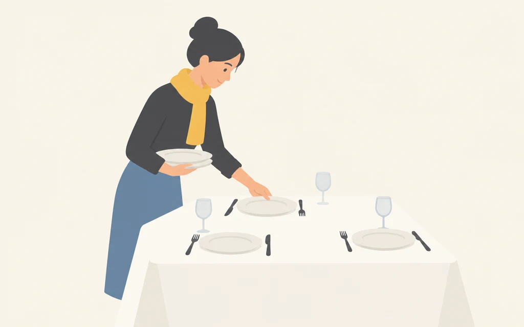Een vrouw zet borden en glazen op een tafel in een restaurant.