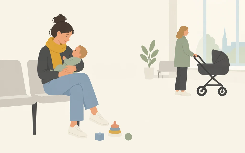 Roos zit met een baby op schoot in een wachtruimte met speelgoed.
