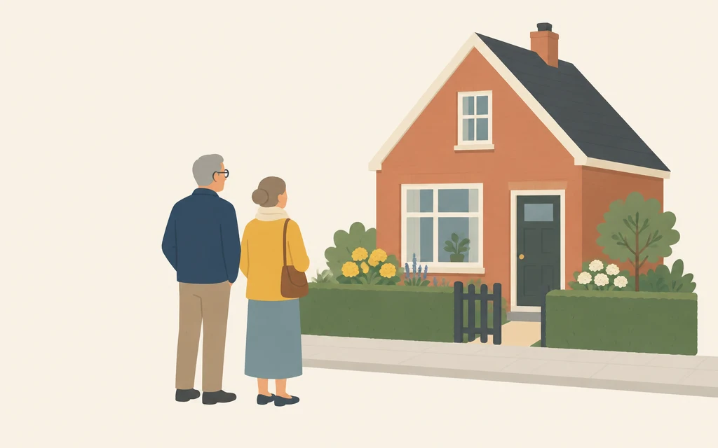 Meneer De Vries staat met een vrouw voor een klein huis en kijkt ernaar.